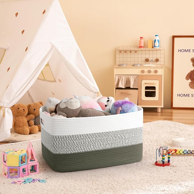OIAHOMY Blanket Basket Laundry Basket Dog Toy Basket 75L Green/White | Large Storage Basket,Baby Basket,Toy Storage,Woven Rope Basket for Blankets,Blanket Storage for Living Room - Image 2