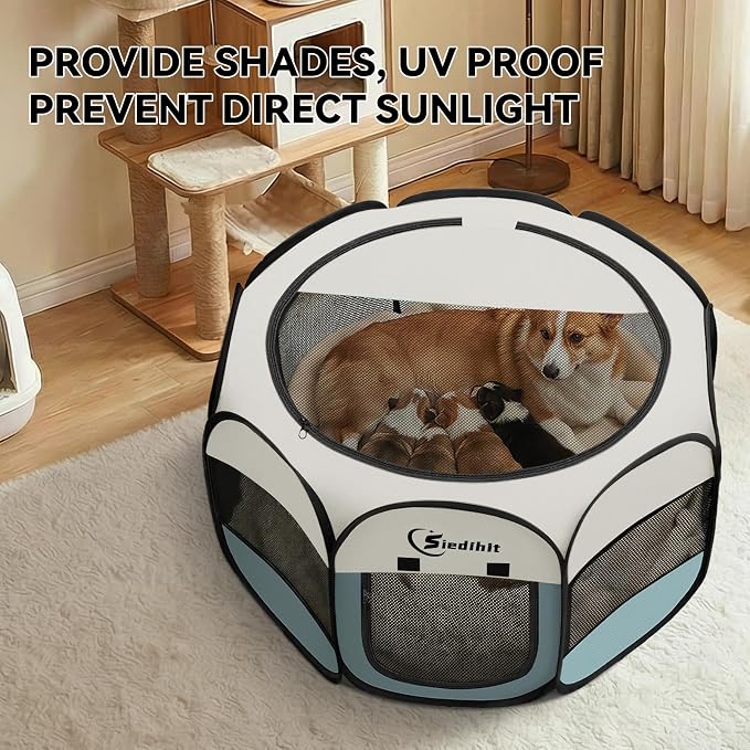 Siedihit Dog Playpen, Puppy Pet Playpen, Medium Dogs Tent Crates Cage Indoor/Outdoor, Portable Pop Up Dog Kennel Playpen with Carrying Case for Dogs/Cats/Rabbits, Removable Zipper Top, Grey - Image 5