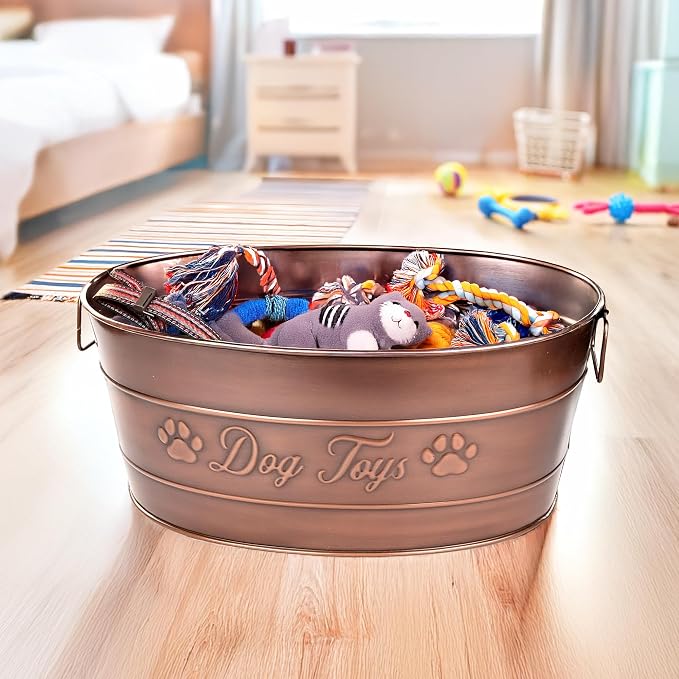 BREKX Copper Metal Dog Toy Storage Bin, Indestructible, Large | Toy, Blanket & Leash Organization • Carrying Handles - Image 6