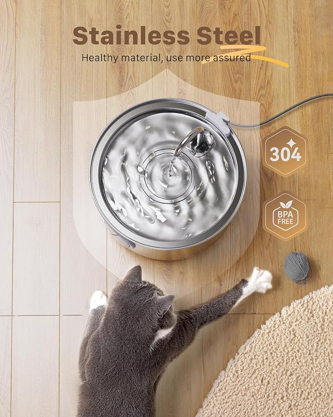 Stainless Steel Cat Fountain - 108oz/3.2L Pet Fountain for Cats Indoor - Quiet - Contains 8 Filters + 8 Sponges - Image 5