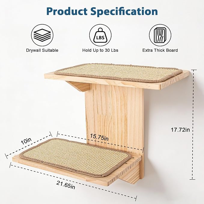 Cat Wall Shelves, 2 Platform Cats Walls Furniture, Tree Shape Kitten Floating Shelf with Sisal Mat Perch, Solid Pine Wood, Suitable for Climb, Play, Nap - Image 3