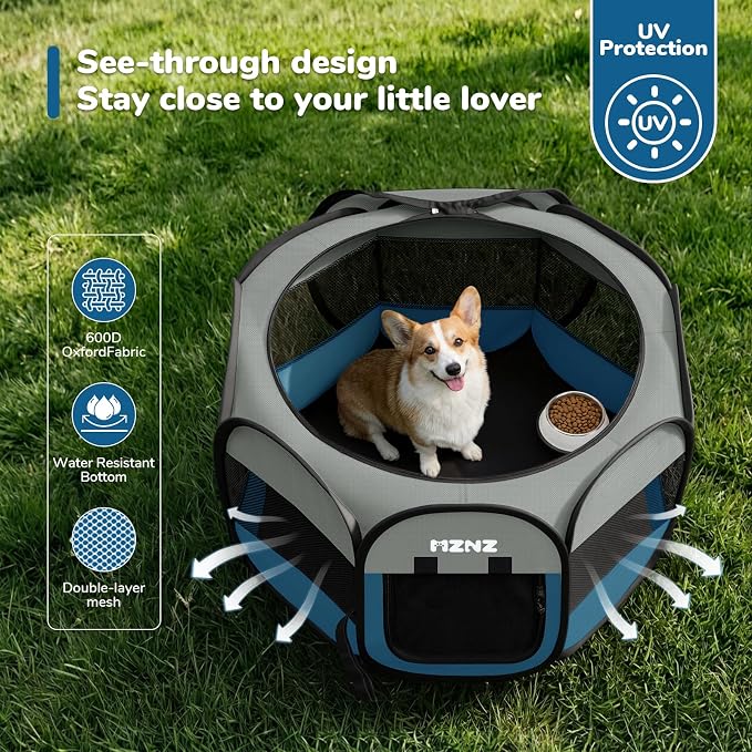 Dog Cat Small Animal Puppy Playpen Crate, Medium, Grey Blue | Portable Pop Up Pet Cage Enclosure Tent Kennel Indoor Outdoor with Carrying Case, No Assembly, Camping Use - Image 6