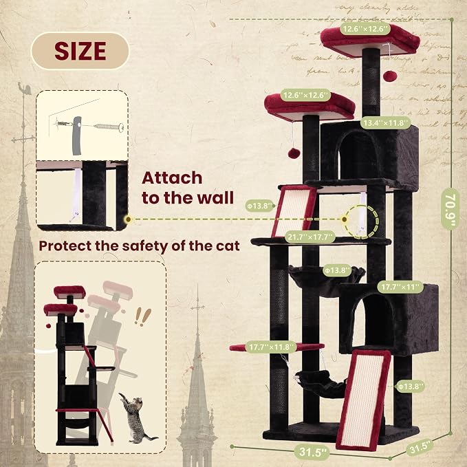 Cat Tree, 71'' Tower for Large Cat with Scratching Post, GCT032BR - Image 7