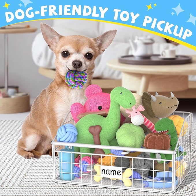 Kaiferty Indestructible Dog Toy basket, Small Toy Box for Dogs, Pet Toy Bin Dog Metal Basket for Toys, Dog Toy Storage, Dog Storage Organizer, Cat Dog Toy Box for Living Room Area (White) - Image 3