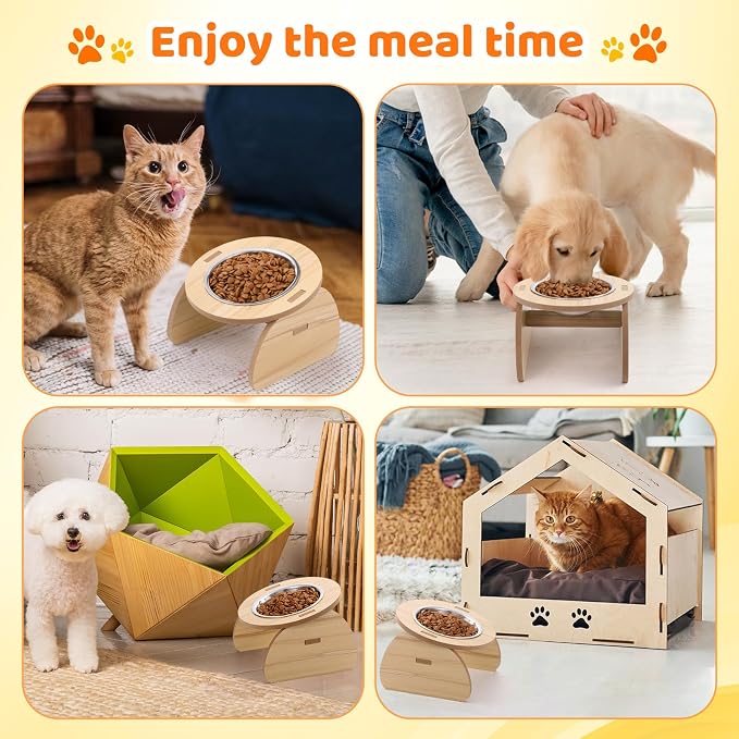 Blushtier 4 Pcs Elevated Stainless Steel Cat Bowls Bamboo Cats Feeding Station Stand, 15°Tilted 5.7 Inches Shallow Wide Raised Metal Cat Bowls for Pet Water Food Shelf Dishes for Indoor Cats Puppy - Image 6