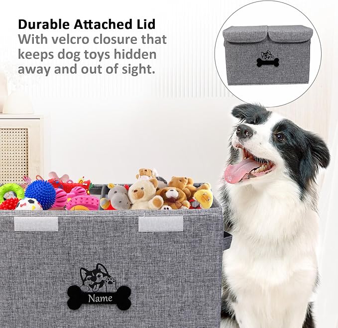 Large Dog Toy Bin-Pet Toys Storage Box-Fabric Storage Bin with Lid-Collapsible Dog Toy Organizer,Dog Toy Basket -Chew Proof Dog Bin-Can be Personalized-Gray - Image 4