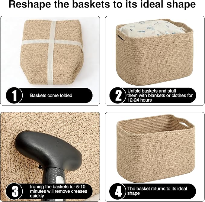 ICERZCZ Storage Baskets for Organizing & Shelves, Woven Cotton Rope Organization Bins for Dog Toys, Clothes, Books, Nursery Organizer, 15"Lx11''Wx9.5''H, (4 Packs) Brown - Image 7