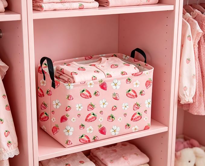 Sanjiaofeng Rectangular Strawberry Storage Baskets Baby Girl Basket Kids Baby Storage Basket Waterproof Collapsible Storage Bin Cute Organizer Box Girl Room Decor(Strawberry) - Image 3