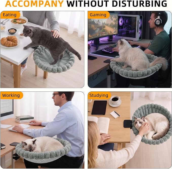 Cat Desk Bed - 2-in-1 Cat Hammock for Desk with Cooling Ice Silk & Premium Faux Rabbit Fur, 180° Foldable Space-Saving Cat Bed, Heavy Duty Anti-Tilting Clamp Holds Up to 40 lbs, Washable & Reversible - Image 5
