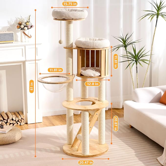 Solid Wood Cat Tree Tower with Scratching Post, 61 Inches Tall Cat Towers with Capsule and Condo, Modern Cat Tower with Hammock and Removable Top Bed for Indoor Cats.White - Image 9