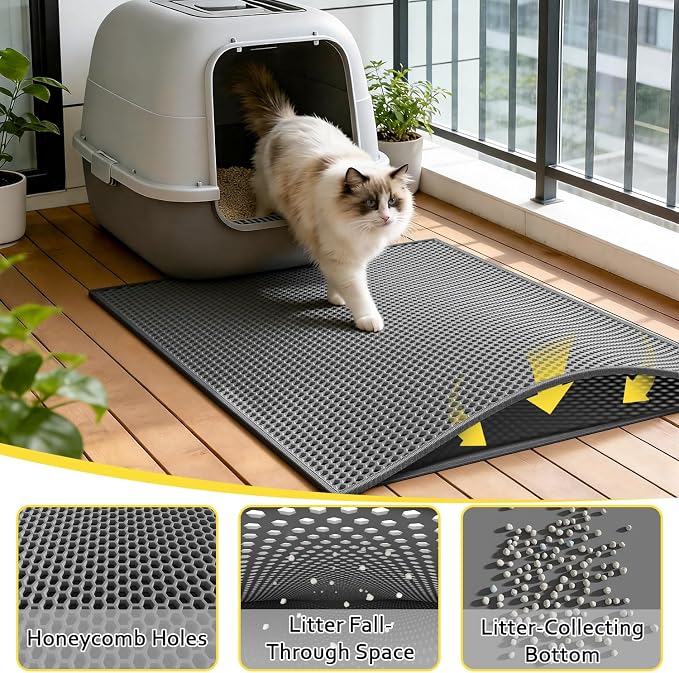 Cat Litter Mat, 30"x24", Waterproof, Easy to Clean (Grey-2Pack) | Double-Layer Honeycomb for Effective Litter Trapping, Premium Durable EVA, Non-Slip, Paw-Friendly Soft Surface - Image 2