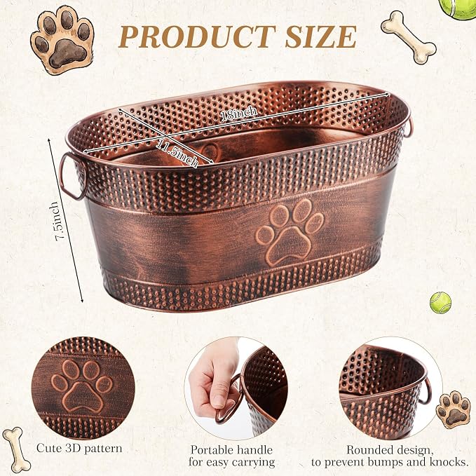 Zonon Metal Dog Toy Storage Bin with Handles 21 Quart Vintage Decorative Basket for Dog Ropes Food Living Room Decor, Galvanized Steel Pet Toy Organizer, 18x11.5x7.5 Inch (Dog's Paw) - Image 3