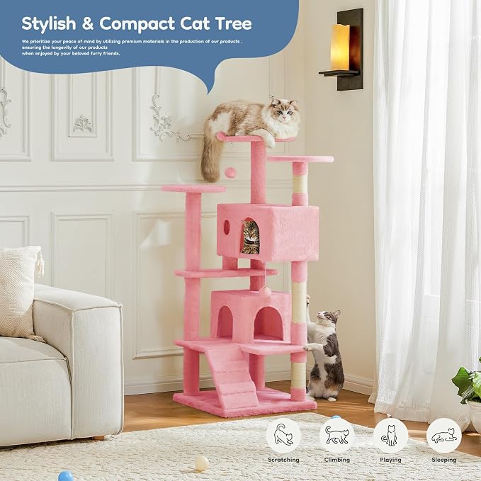DUMOS 54-inch Cat Tree Tower with Scratching Posts, Indoor Use | Multi-Level Pet House for Large Cats with 2 Condos, Round Platform, Small Ladder and Toys, Pink - Image 7