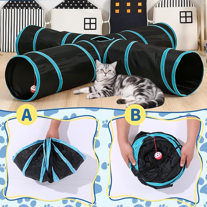 Pet Cat Tunnel, 4-Way Junction Tunnels for Indoor Cats, Collapsible Pet Tunnel for Kitten, Puppy, Rabbit, 25cm-Wide Tunnels, Durable & Breathable, with Peek Hole Toy Ball - Image 4