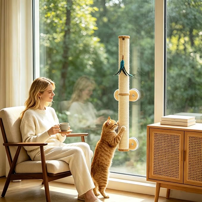 Lulu's World Sisal Cat Wall Scratcher Post with 4 Suction Cups 32" Tall | No-Drill,sturdy climbing tree,wall shelves,kitten wall furniture,natural style,feather toy,save space,for indoor - Image 3