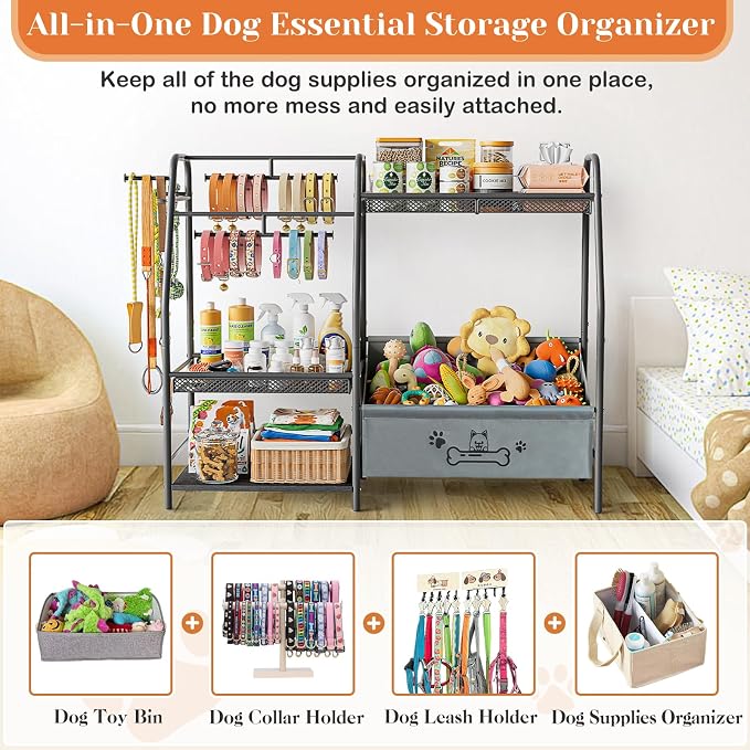 Lomivra Large Dog Toy Basket with Dog Storage Organizer, Trapezoid Toy Bin Box with Collar Leash Holder Hook, Dogs Toy Holder Chest Pet Storage Cabinet for Living Room Dogs Essentials - Image 3