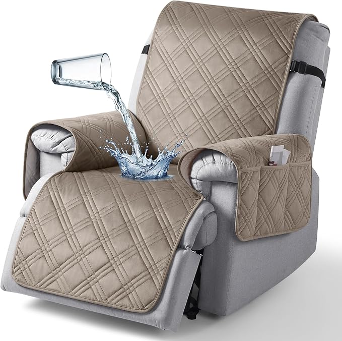 TAOCOCO 100% Waterproof Recliner Chair Cover, Recliner Covers for Recliner Chair with Pocket, Non Slip Reclining Chair Cover Furniture Protector for Kids, Pets(30'', Light Taupe-Velvet) by TAOCOCO