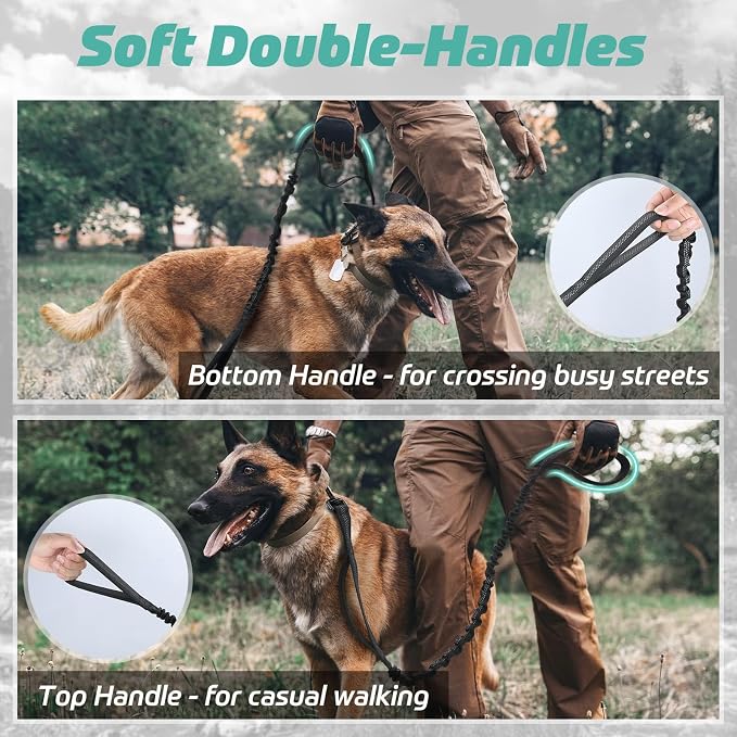 rabbitgoo Tactical Dog Leash, Heavy Duty Training Bungee Lead | Military Leash with 2 Padded Control Handles for Medium Large Dogs, No Pull for Shock Absorption, Reflective, Black, 5.2FT - Image 2