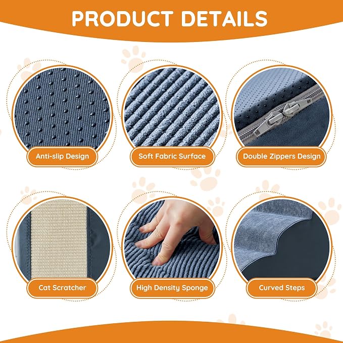 Dog Stairs for Small Dogs 15.7" H, Dog Ramp for Bed, 3-Step, Navy | Dog Steps for Bed, Couch, Pet Stairs with Non-Slip Bottom Design, Cat Scratching,High Density Foam Portable Pet Steps, Indoor - Image 3