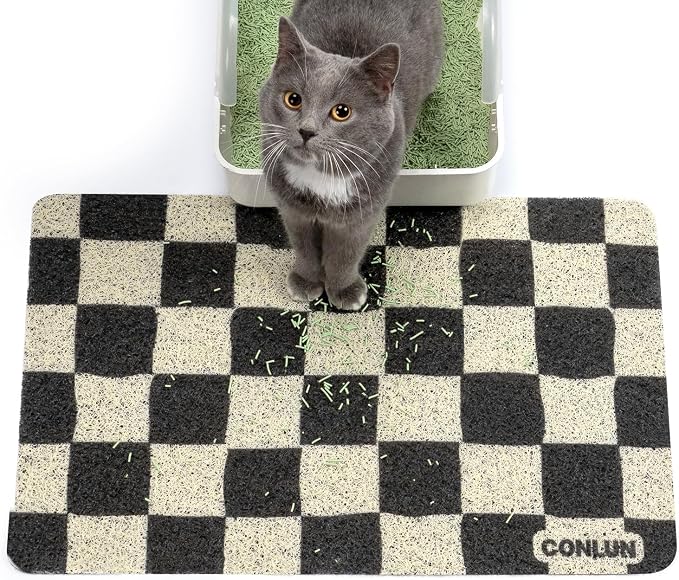 Conlun Cat Litter Mat Litter Trapping Mat, Premium Durable PVC Cute Cat Litter Box Mat, Non-Slip, Less Waste Kitty Litter Mat, Soft on Kitty’s Paws, 24”x 17” cat matts for litter, Chessboard by Conlun