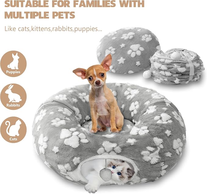 Cute Round Cat Tunnel for Indoor Cats, Grey | Peekaboo Cave with Dangling Balls, Pet Donut Tunnel Bed with Circle Mat for Puppy Kitten Rabbit - Image 4