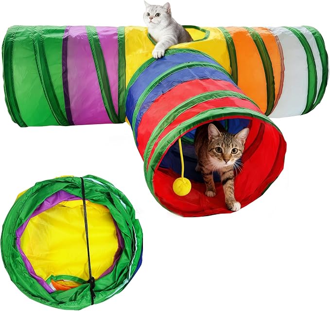 Cat Tunnel,Cat Tunnels for Indoor Cats Interactive, Pet Tunnel Toys for Cats Kitten Rabbits,3 Way Collapsible,Rainbow L 32" T Shape by FelRelWel