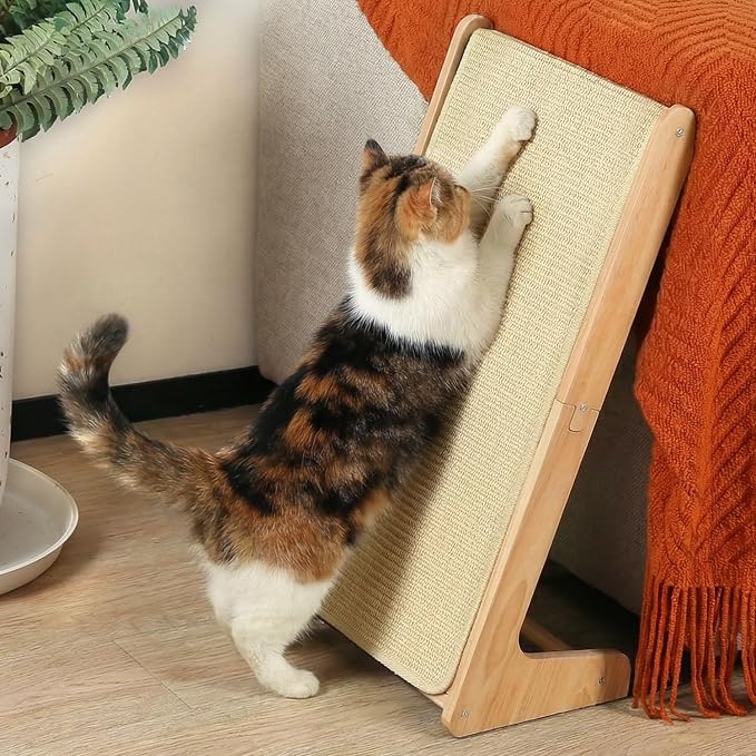 Zakkart L-Shaped Sisal Cat Scratcher, 24.8'' Tall Convertible 70° Vertical Scratching Pad & 20° Ramp Scratcher, Natural Sisal Mat, Solid Wood Frame, Helps Protect Furniture, Easy Assembly (Natural) by Zakkart