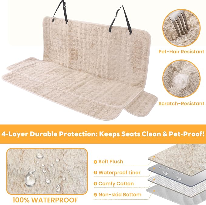 Dog Car Seat Cover, Waterproof Plush Pet Seat Protector, Beige, Back Seat | Faux rabbit fur, waterproof layer, non-slip silicone backing, side flaps, machine washable, fits most cars and SUVs - Image 3