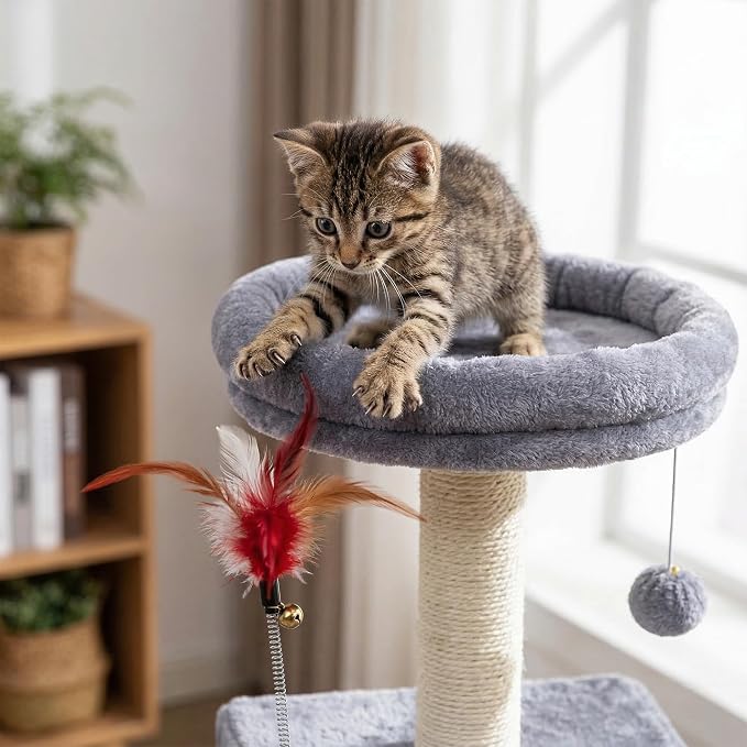 Cat Tree Tower for Indoor Cats 12lbs, Cat Tree with 3 Spacious Cat Houses & Condos, Full Sisal Scratching Posts and Cat Scratcher Toys，Grey - Image 5