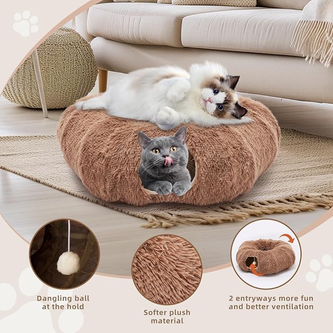 Cat Tunnels for Indoor Cats, Donut Tunnel Toys for Cats - Brown | Washable Circle Cushion, 3-in-1 Foldable Playground & Cozy Cave Bed for Kittens, Puppy, Rabbits, Ferret - Image 2