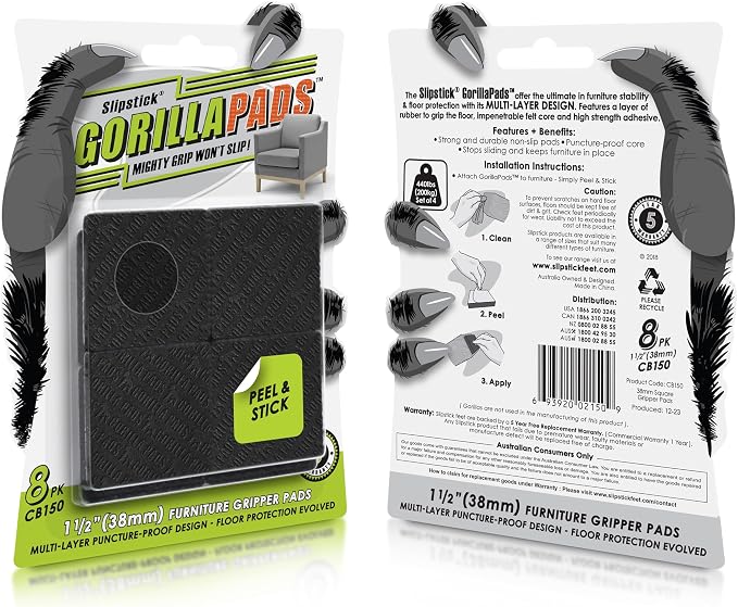 Slipstick GorillaPads CB150 Non Slip Furniture Pads/Rubber Grips (Set of 8) Self Adhesive Furniture Feet Floor Protectors, 1-1/2 inch Square, Black (Pack of 2) - Image 2