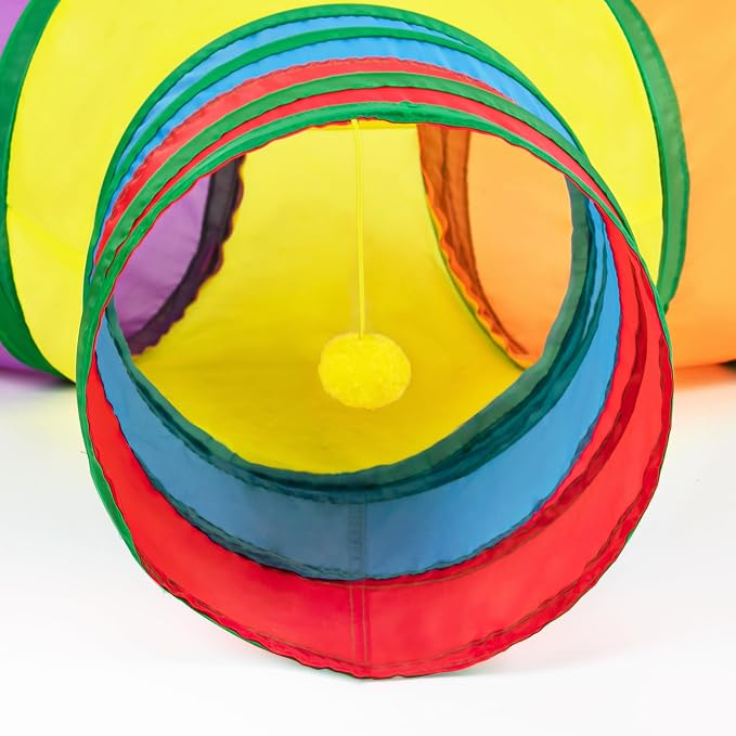Tempcore Cat Tunnel for Indoor Cats, 3 Way Collapsible Pet Play Tunnel with Teaser Wand, Peek Holes & Hanging Ball, Interactive Tube for Kittens & Rabbits, Rainbow - Image 5