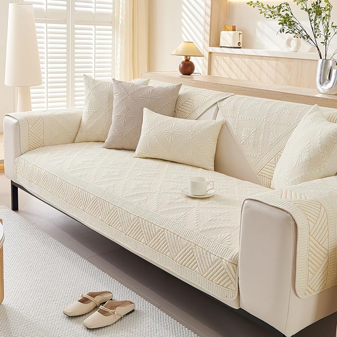 vctops Boho Cotton Quilted Sofa Couch Cover Washable Soft Non Slip Sectional Couch Covers Floral Embroidery Sofa Slipcover for Dogs, Children, Pets Furniture Protector (Cream,28"x70") - Image 4