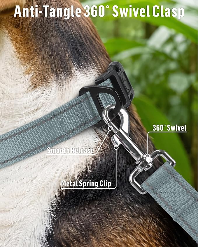 FunTags Reflective Nylon Dog Leash for Small & Medium Dogs, 6FT for Walks | Comfortable Padded Grip, Stay Safe at Night, 360° Anti-Tangle Swivel, for Dog Parks & Trails, Grey - Image 4