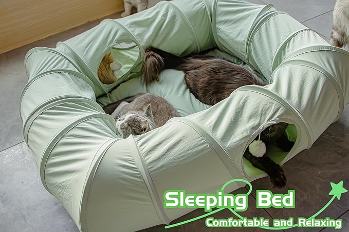 XxingSheep 4 Ways Shuttled XL Cat Tunnel Bed for Indoor Cats Peekaboo Cat Cave Donut with Cool Mat (Green) - Image 3