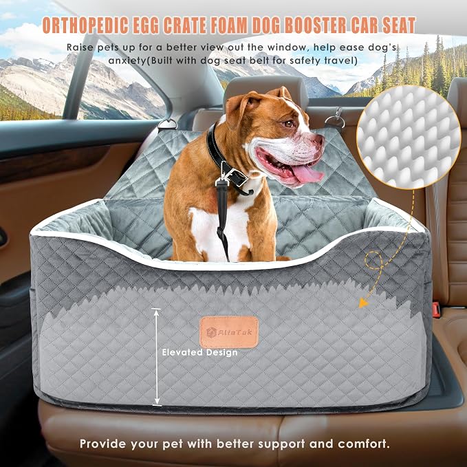 AlfaTok Memory Foam Booster Dog Car Seat for Medium Dogs Under 45 LBS, Elevated Pet Car Seat with Detachable Washable Cover, Anti-Slip Sturdy Dog Booster Seat with Seat Belt for Back Seat Travel - Image 2