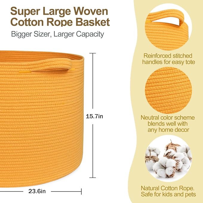 MEGASKET Extra Large 115L Orange Basket, 23.6"x15.7" Woven Cotton Rope Bins for Blankets, XXXL Baby Nursery Laundry Towel Basket, Oversized Kids Dog Toy Storage Box, Orange Living Room Decor Organizer - Image 2