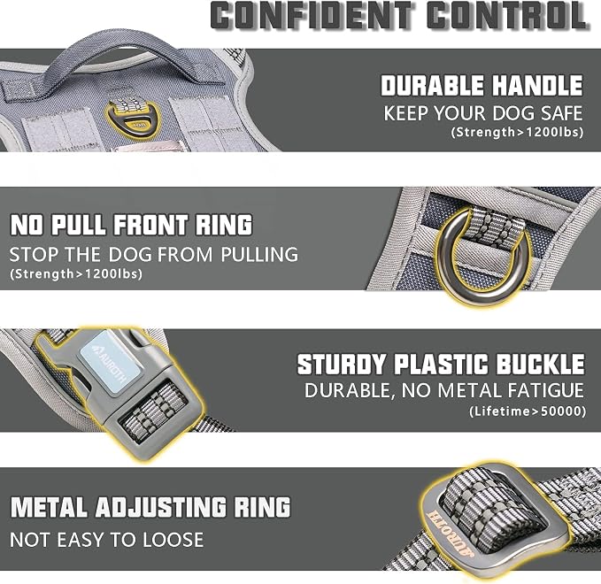 Auroth Tactical Dog Harness for Large Dogs No Pull Adjustable Pet Harness Reflective K9 Working Training Easy Control Pet Vest Military Service Dog Harnesses Grey L | Easy Control with handle, Adjustable, Reflective, Military K9, for German Shepherd Hu... - Image 3