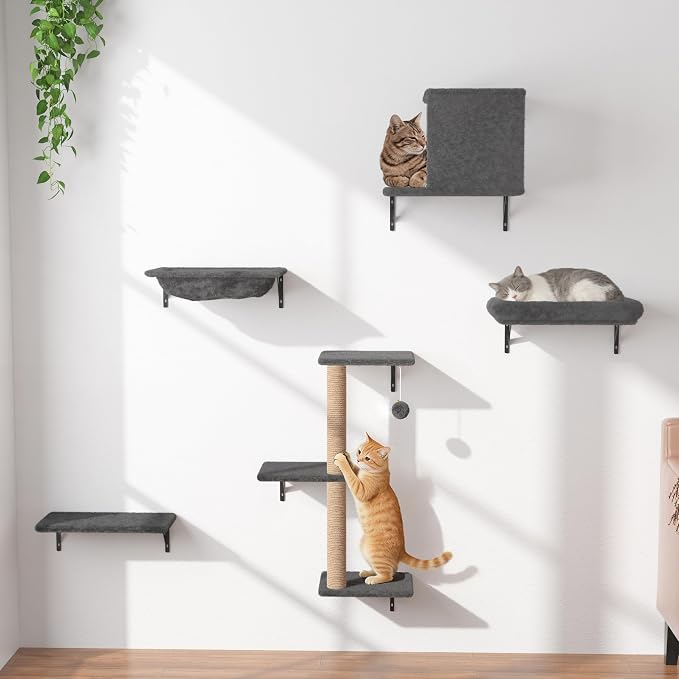 Cat Wall Shelves 5-Piece Set,Cat Walls Furniture for Indoor Large Cats Includes Bed, Cave, Scratching Post, Hammock, Space Saving Floating Shelves (Dark Gray) - Image 9