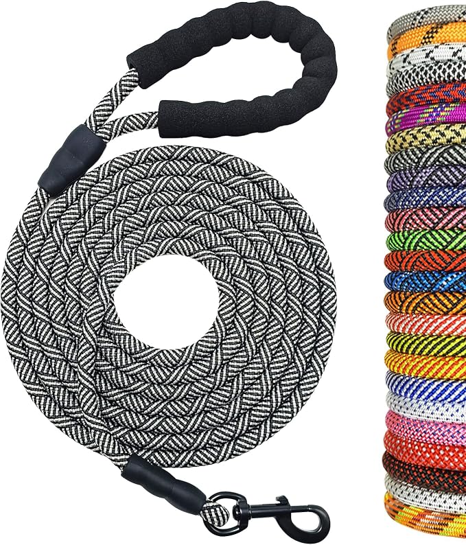 MayPaw Heavy Duty Rope Dog Leash, 3/4/6/7/8/10/12/15/20/30 FT Long Dog Lead Nylon Pet Leash, Soft Padded Handle Thick Lead Training Leashes for Large Medium Dogs (20ft * 1/2", Black) by MayPaw