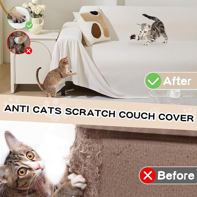 MEETSKY Couch Cover for 3 Cushion Cat Scratch Proof Couch Protector Washable Non Slip Sofa Covers Sectional Couch Covers for Dogs Soft L Shape Sofa Slipcover for Pets Kids, 91" x 134", Creamy White - Image 2