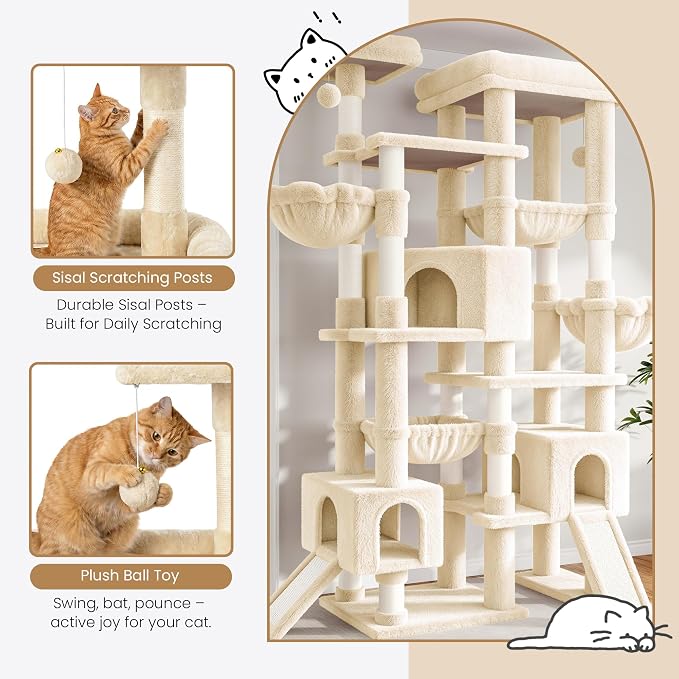 Sha Cerlin 87 in Multi-Level Tall Cat Tree Tower for Large Cats/Extra Wide Feline Activity Center/Sisal Scratching Posts/Wide Base/Cozy Plush Perches/Baskets/Hammocks/Toy Balls/Beige - Image 7