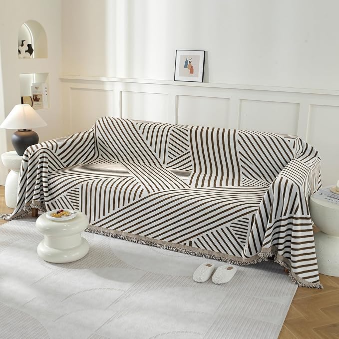 Couch Cover for Sofa, Boho Sofa Cover Washable Couch Cover for Dogs, Pet Sofa Cover for 3-Cushion Couches with Tassel Furniture Protector Cover,71" x 150",Dark Coffee-Line - Image 2