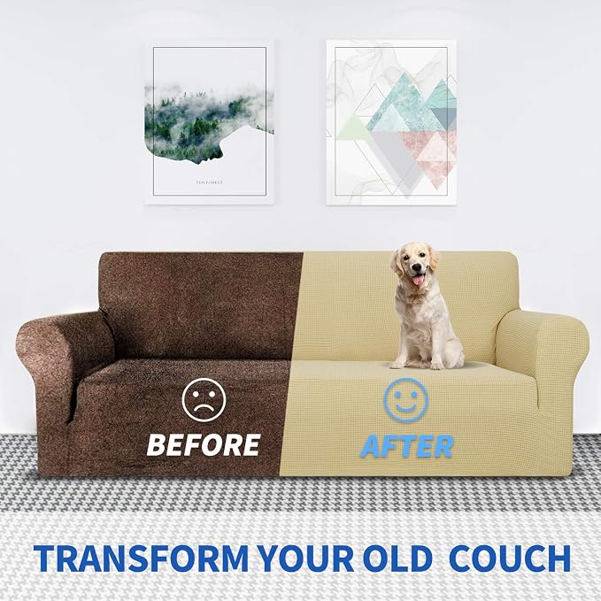 MAXIJIN Stretch Loveseat Sofa Slipcovers 1 piece Love Seat Couch Covers for 2 Cushion Couch Non Slip Sofa Cover Washable Dog Cat Proof Furniture Protector Pet Friendly (Loveseat, Beige) - Image 4