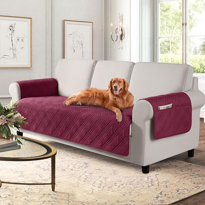 TAOCOCO Waterproof Couch Covers for Dogs, Non Slip Pet Sofa Cover, 3 Seater | Washable Couch Seat Covers with Arms for 3 Cushion Couch, Dog Couch Cover Protector, Pockets & Backless Design, Wine by TAOCOCO