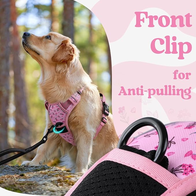 rabbitgoo Dog Harness Small Sized, Updated Easy On & Off with 3 Buckles | No Pull No Choke, Walking with 2 Clips and Handle, Adjustable Soft Reflective, Floral Pink, Small - Image 7