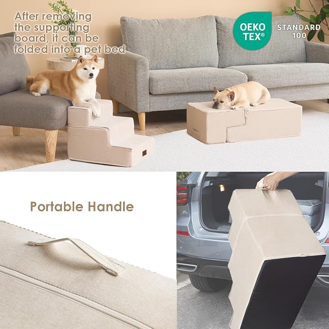 EHEYCIGA Dog Stairs for Bed 18" H, 4-Step Dog Steps for High Bed, Beige | Pet Steps for Small Dogs and Cats, Non-Slip Balanced Pet Ramp Indoor - Image 5