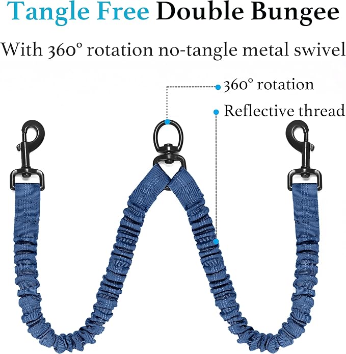 Double Dog Leash, 360° Swivel, No Tangle, Large, True Navy | Dual Leash for Two Dogs, Split Leash, Shock-Absorbing Bungee, Padded Handle, Heavy-Duty Rope - Image 5