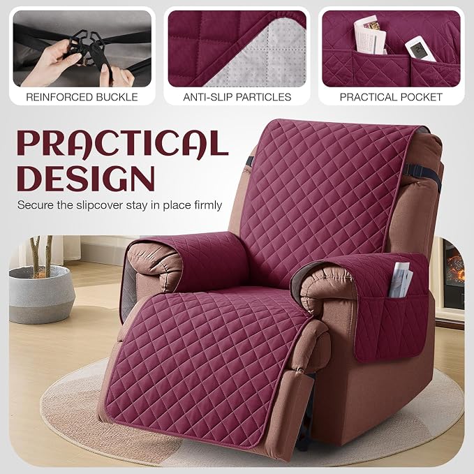 KinCam 100% Waterproof Recliner Chair Covers Washable, 25", Burgundy | Anti Slip Reclining Couch Covers for Pets Dog, Recliner Sofa Slipcover Storage Pocket, Furniture Protector with Elastic Strap - Image 5