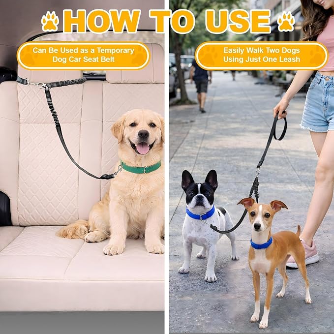 Double Dog Leash for Two Dogs, Professional No Tangle 360° Swivel Coupler with Shock Absorbing Bungee, Adjustable Length Dual-Sided Reflective Two Dogs Lead Splitter for Small Medium Large Dog - Image 5